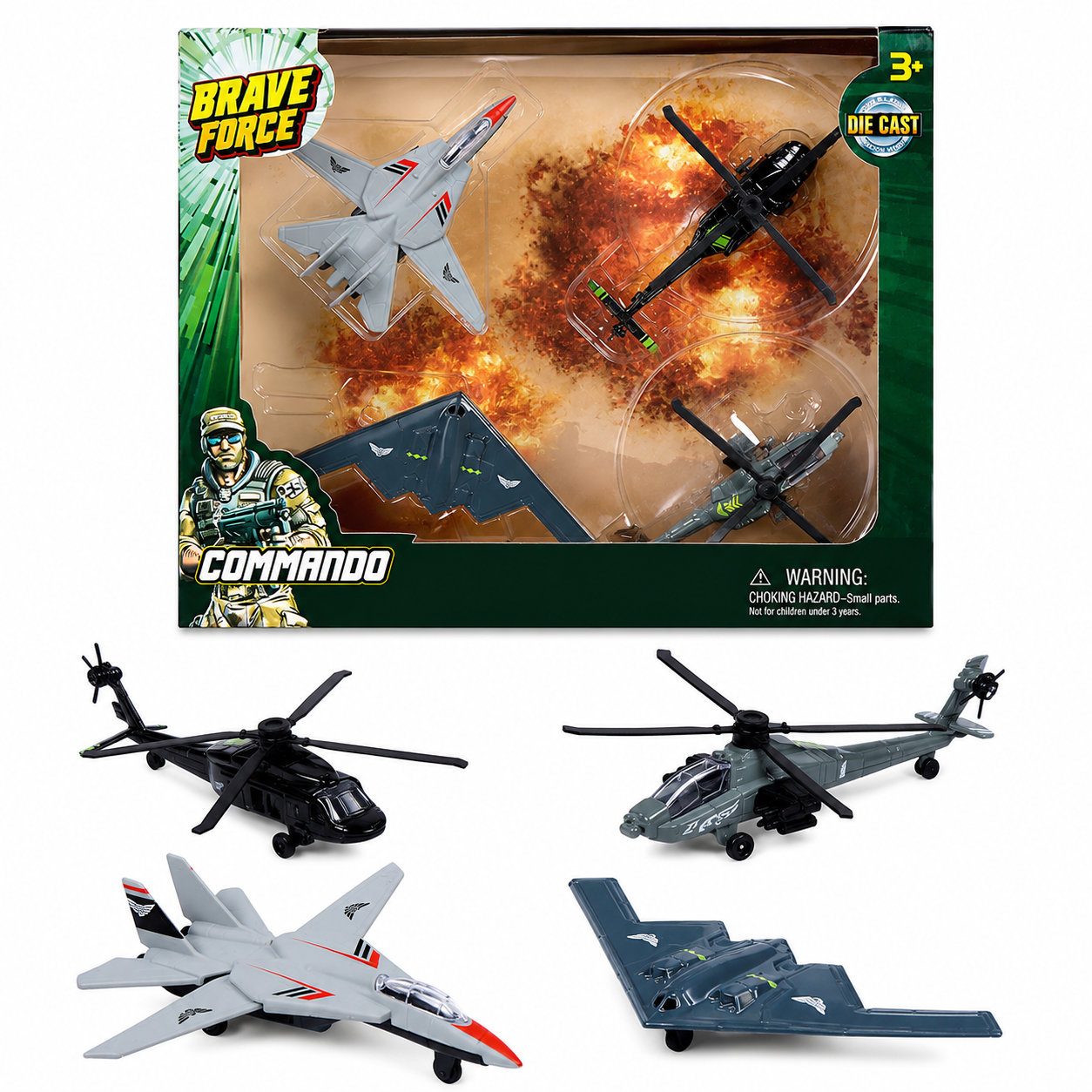 Brave Force Commando Die-Cast Military Aircraft 4-Piece Set – Jets & Helicopters