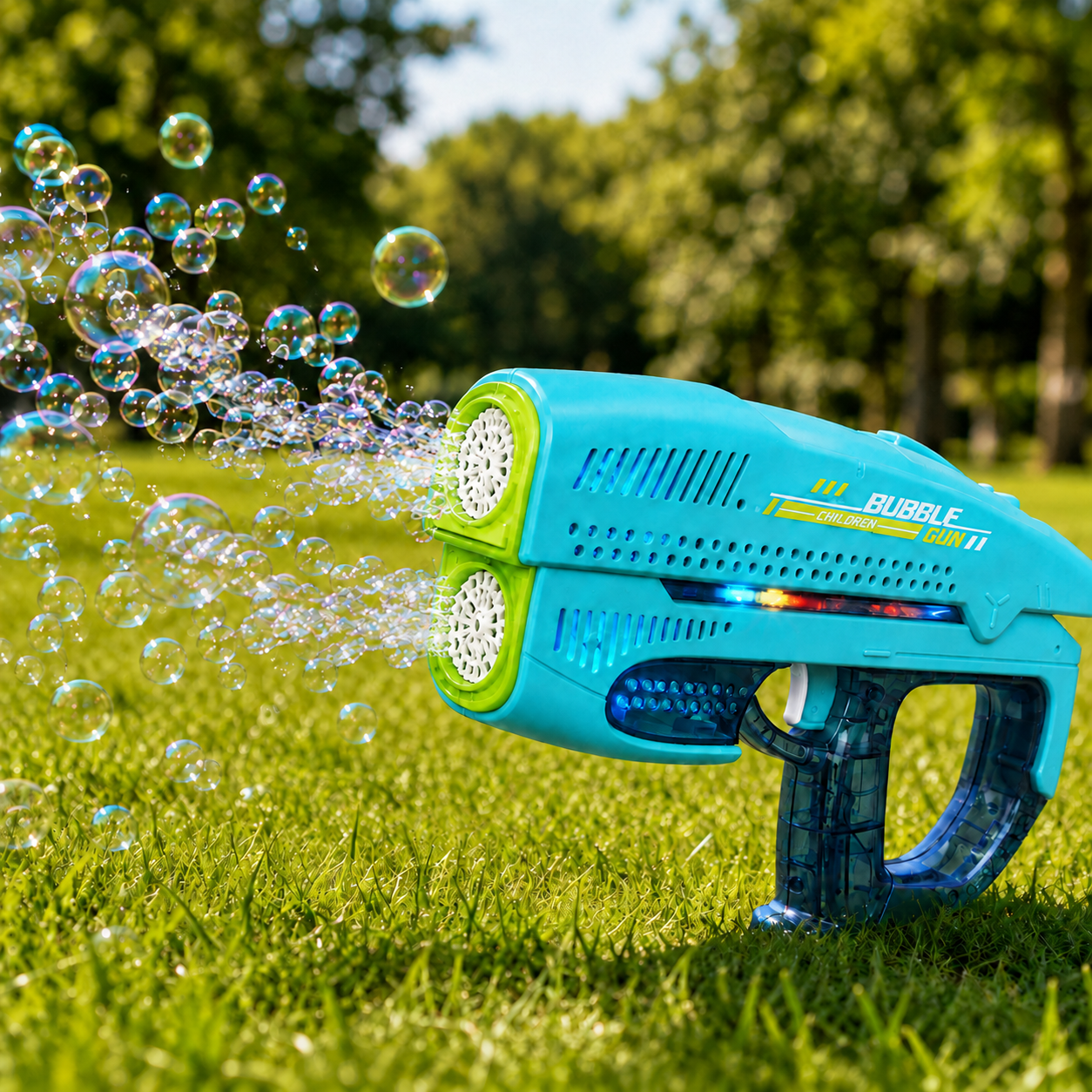 Rechargeable Double Outlet Bubble Gun with Colourful Lights – Turquoise Blue Bubble Blaster for Kids 3+ Years