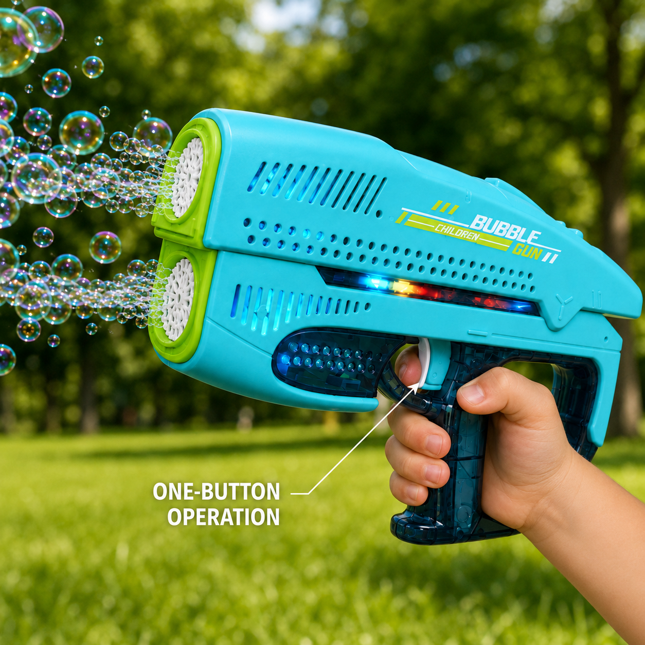 Rechargeable Double Outlet Bubble Gun with Colourful Lights – Turquoise Blue Bubble Blaster for Kids 3+ Years