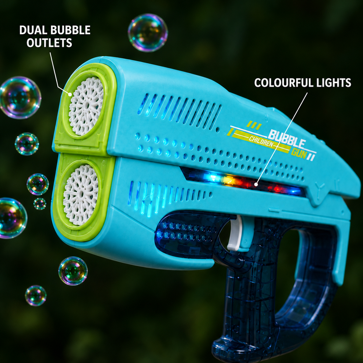 Rechargeable Double Outlet Bubble Gun with Colourful Lights – Turquoise Blue Bubble Blaster for Kids 3+ Years