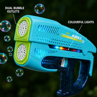 Rechargeable Double Outlet Bubble Gun with Colourful Lights – Turquoise Blue Bubble Blaster for Kids 3+ Years
