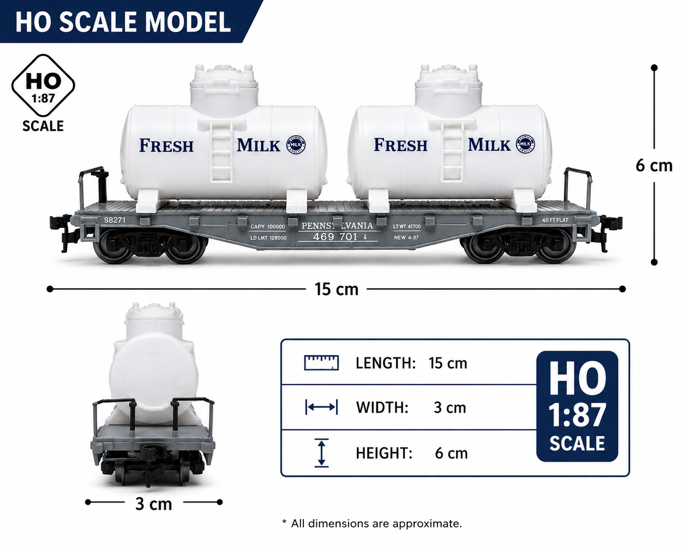 HANFIY 98271 HO 1:87 40' Flat Car with Twin Removable Milk Tanks | Railroad Train Model