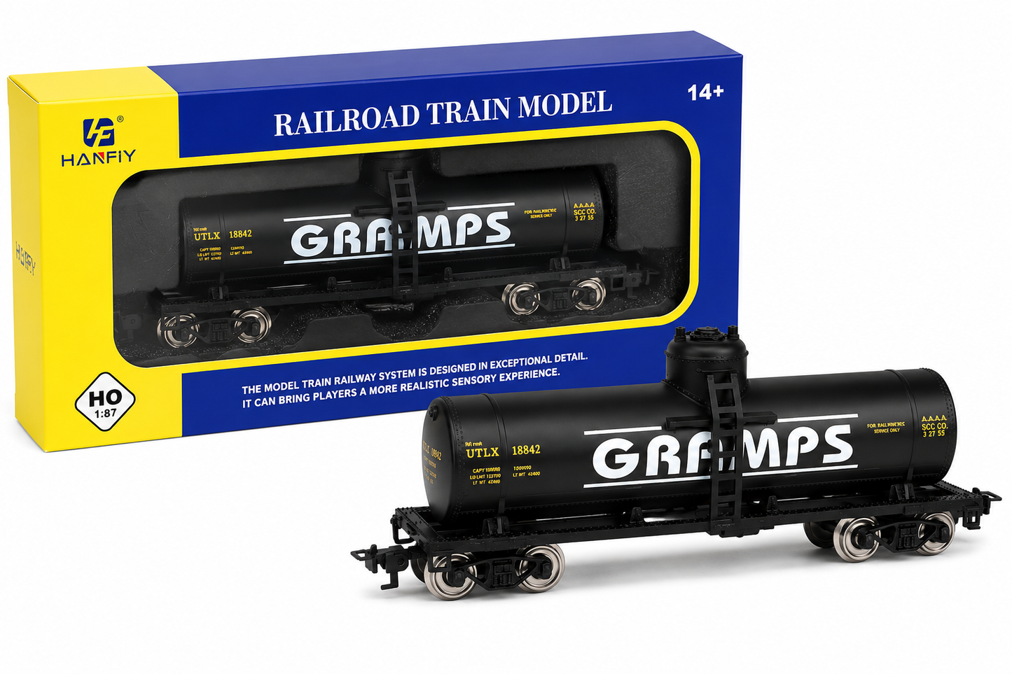 HANFIY 98450 HO 1:87 GRAMPS Black Tank Car Model | 18cm Railroad Freight Wagon for Model Train Collection