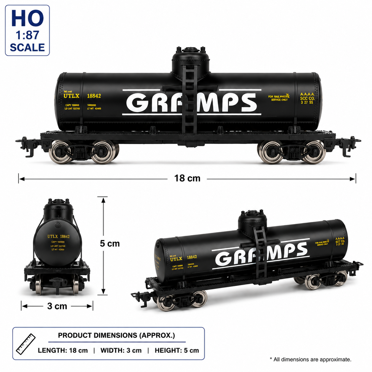 HANFIY 98450 HO 1:87 GRAMPS Black Tank Car Model | 18cm Railroad Freight Wagon for Model Train Collection
