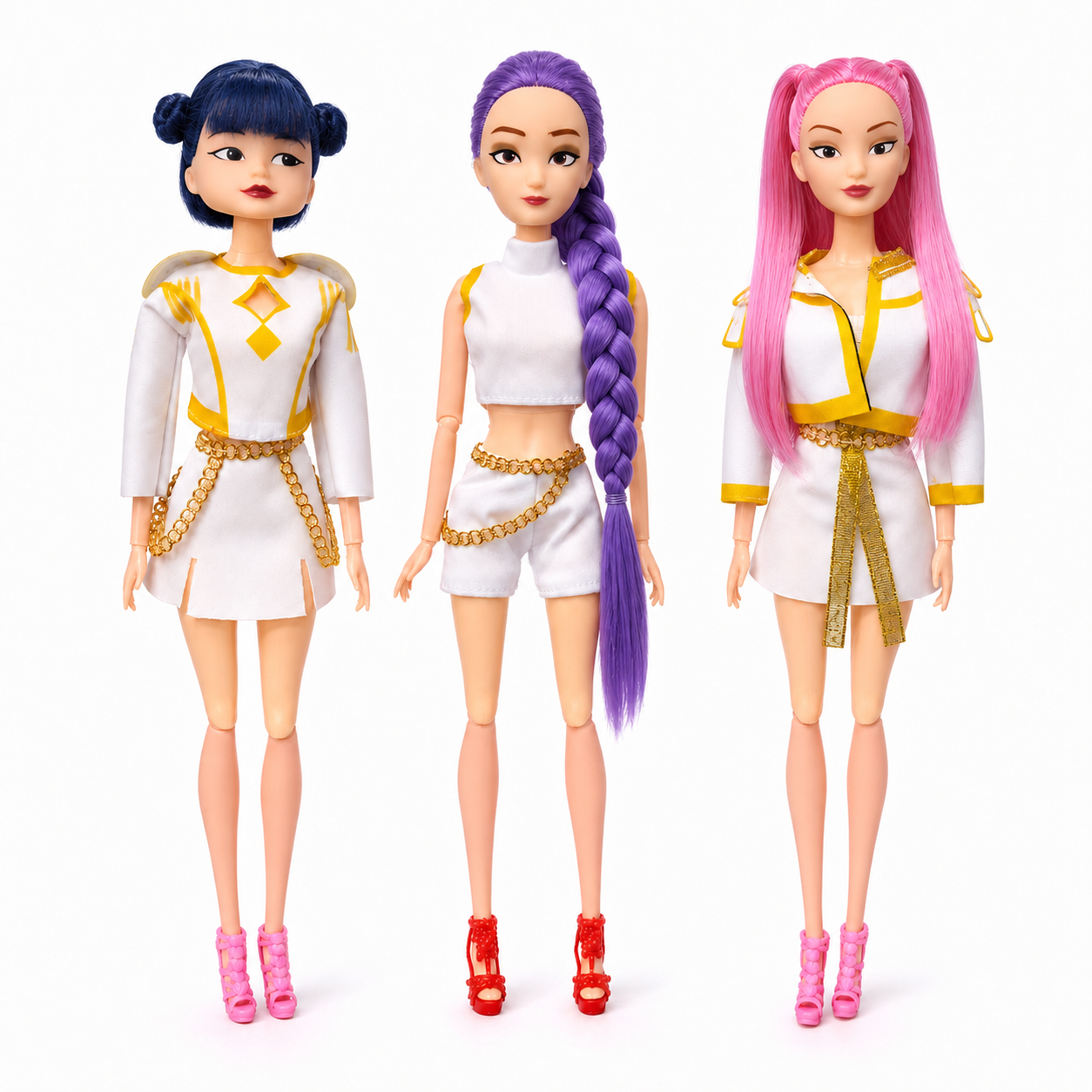 K-Pop Demon Hunters Inspired Fashion Doll Set of 3 | Colourful Hair Dolls with White Outfits & Accessories | 12Inch Pretend Play Dolls for Kids 3+ Years