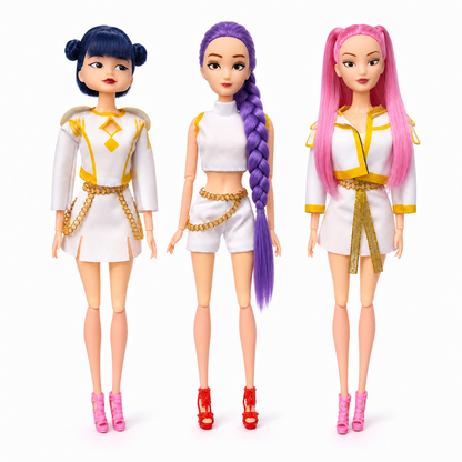 K-Pop Demon Hunters Inspired Fashion Doll Set of 3 | Colourful Hair Dolls with White Outfits & Accessories | 12Inch Pretend Play Dolls for Kids 3+ Years