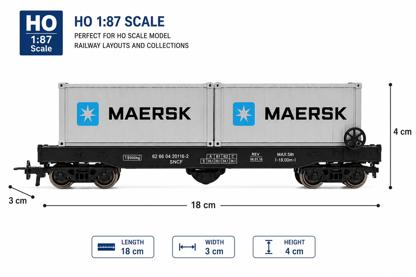 HANFIY 98245 HO 1:87 MAERSK Container Freight Wagon Model | Railroad Train Car with Twin Containers
