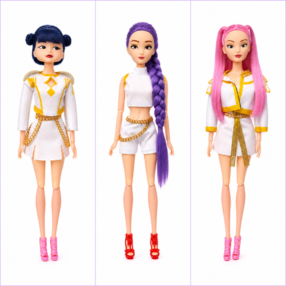 K-Pop Demon Hunters Inspired Fashion Doll Set of 3 | Colourful Hair Dolls with White Outfits & Accessories | 12Inch Pretend Play Dolls for Kids 3+ Years