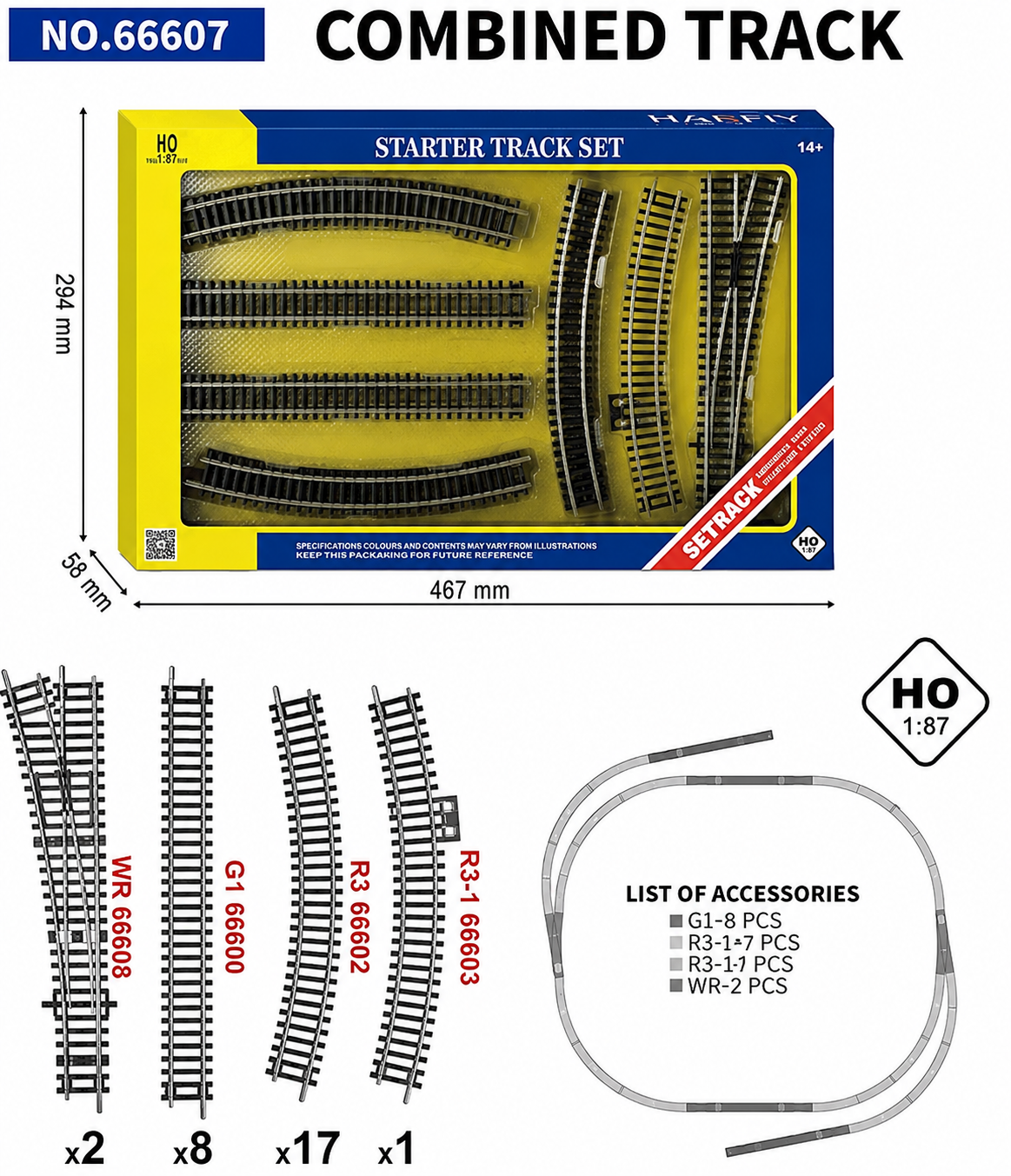 HANFIY 66607  HO 1:87 Combined Railway Track Set – 28-Piece Starter Track Kit