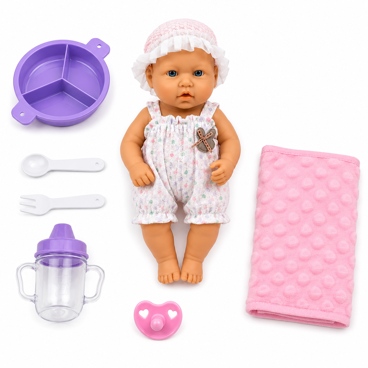 Cute Realistic Baby Doll with Accessories 12-Inch | Cute Baby Doll with Floral Outfit, Bonnet, Feeding Bowl, Spoon, Fork, Sippy Cup & Pacifier | Pretend Play Doll 18M+
