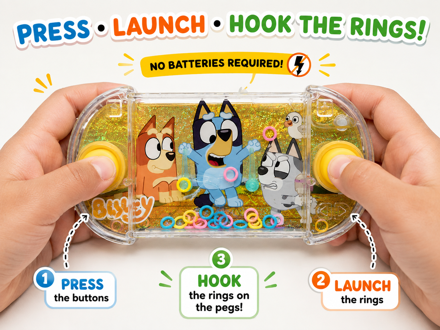 Kids Handheld Water Ring Toss Game with Dual Yellow Push Buttons | Cartoon Water Game | No Batteries Required | Portable Travel Toy
