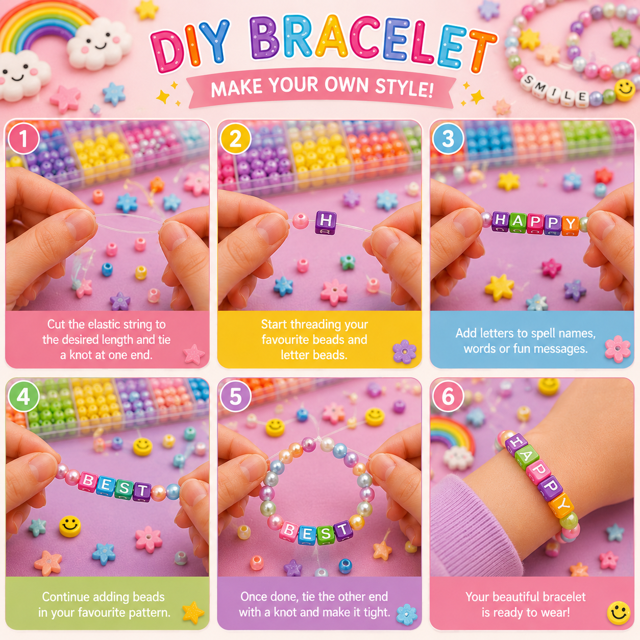 DIY Colourful Beads Bracelet Making Kit with Alphabet Beads, String & Scissors