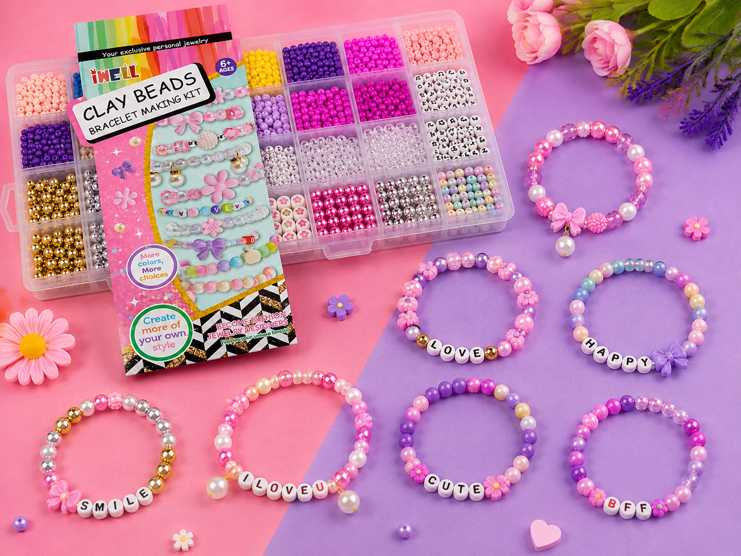 DIY Clay Beads Bracelet Making Kit with Colourful Beads & Organizer Box for Kids 6+ Years