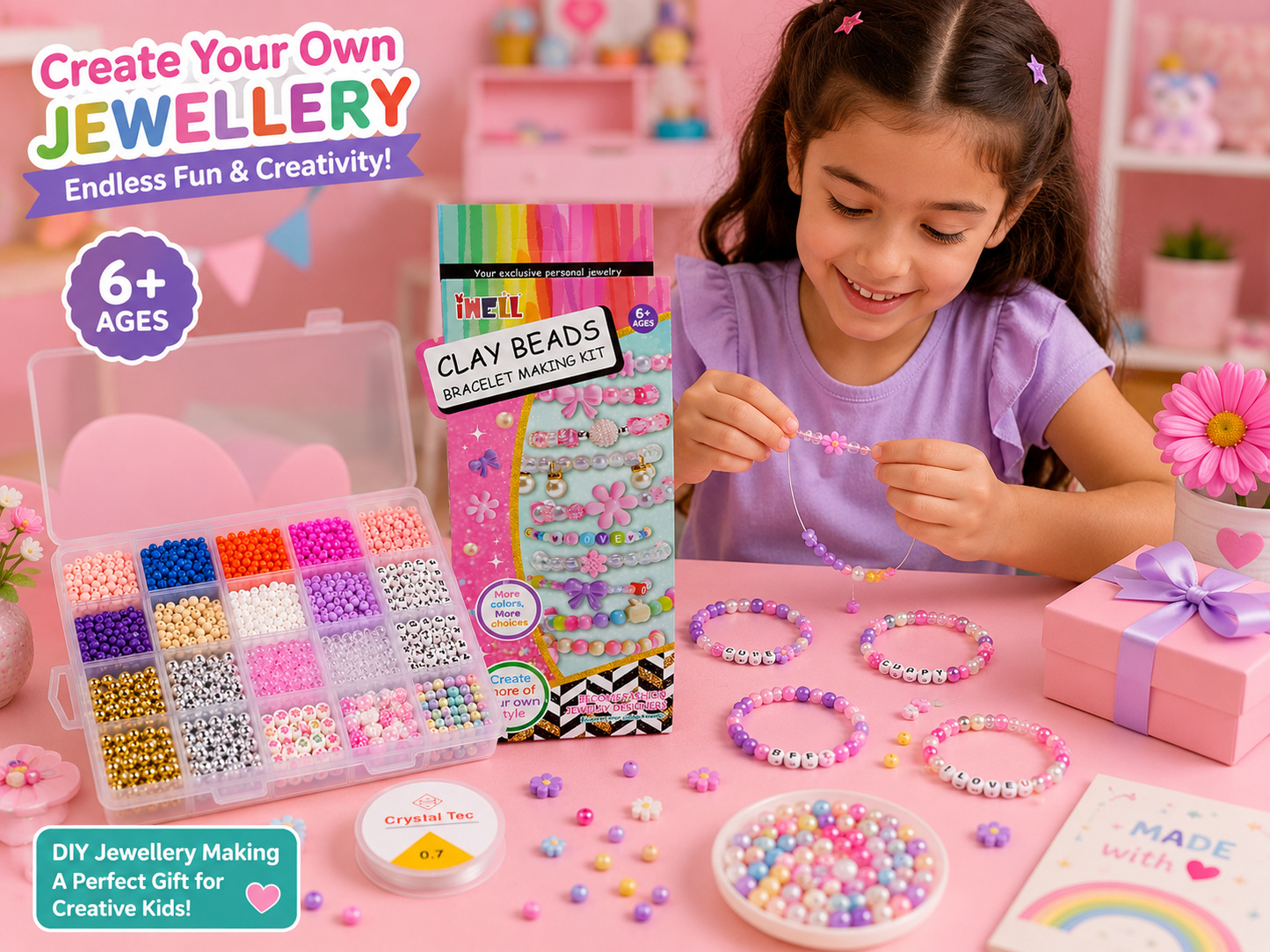 DIY Clay Beads Bracelet Making Kit with Colourful Beads & Organizer Box for Kids 6+ Years