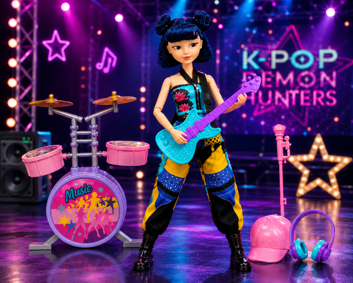 K-Pop Demon Hunters Music Fashion Doll Playset with Guitar, Drums & Accessories 3+ Years