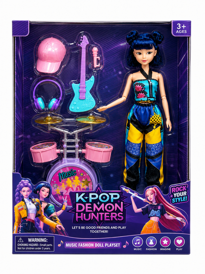 K-Pop Demon Hunters Music Fashion Doll Playset with Guitar, Drums & Accessories 3+ Years