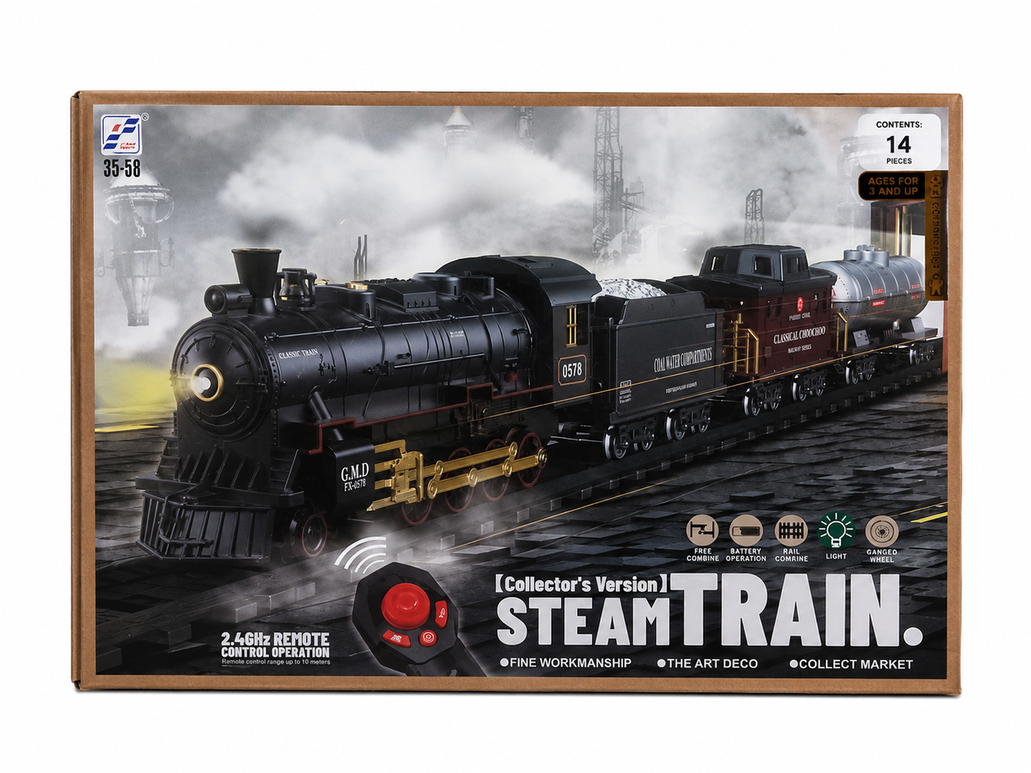 Classic Steam Train Set with Remote Control, Smoke, Whistle & Lights | Rechargeable Railway Toy with Cargo Cars & Tracks