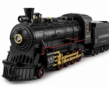 Classic Steam Train Set with Remote Control, Smoke, Whistle & Lights | Rechargeable Railway Toy with Cargo Cars & Tracks