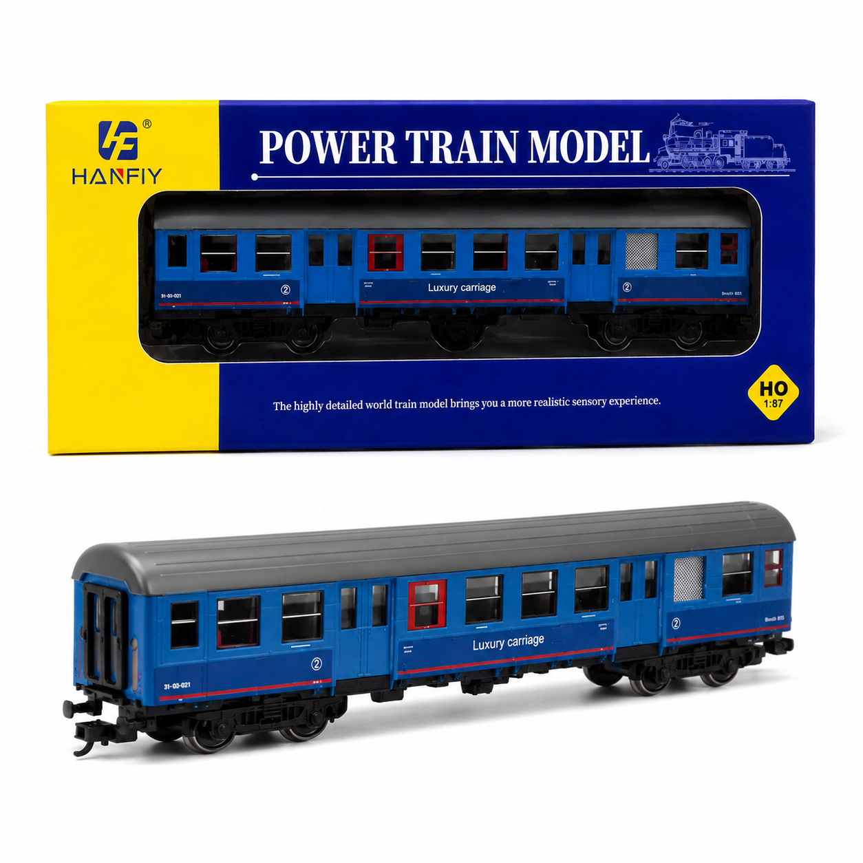 HANFIY 98390 HO 1:87 Scale Blue Luxury Passenger Carriage | Detailed Model Railway Coach for Train Layouts & Collectors