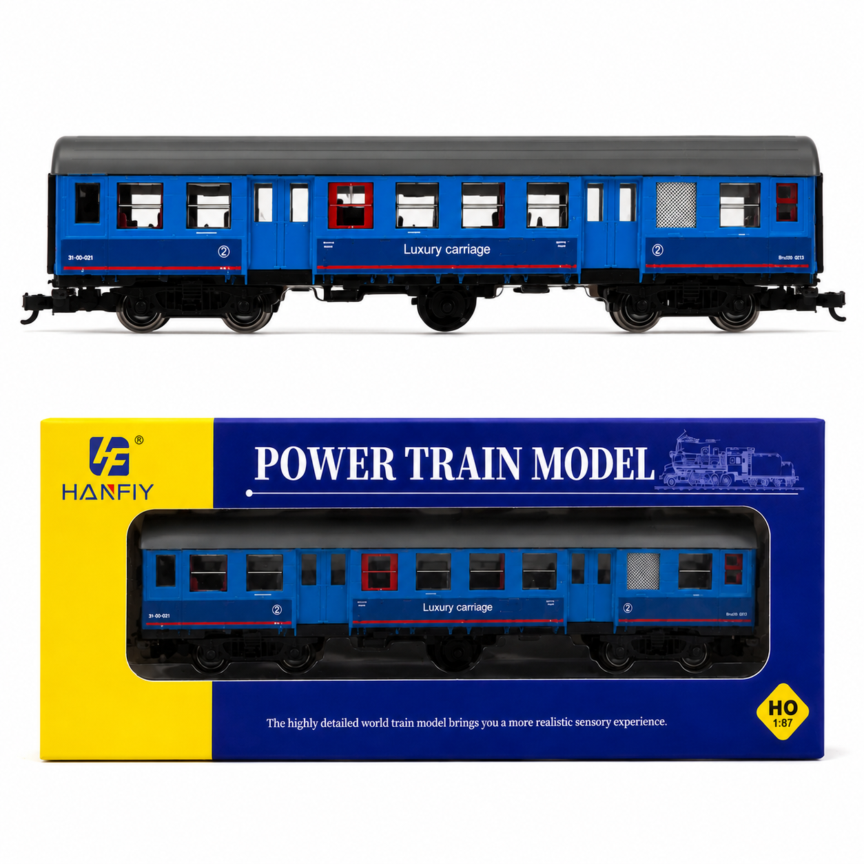 HANFIY 98390 HO 1:87 Scale Blue Luxury Passenger Carriage | Detailed Model Railway Coach for Train Layouts & Collectors