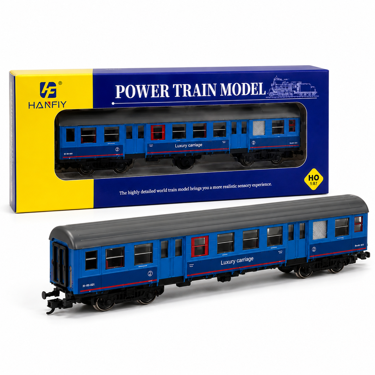 HANFIY 98390 HO 1:87 Scale Blue Luxury Passenger Carriage | Detailed Model Railway Coach for Train Layouts & Collectors
