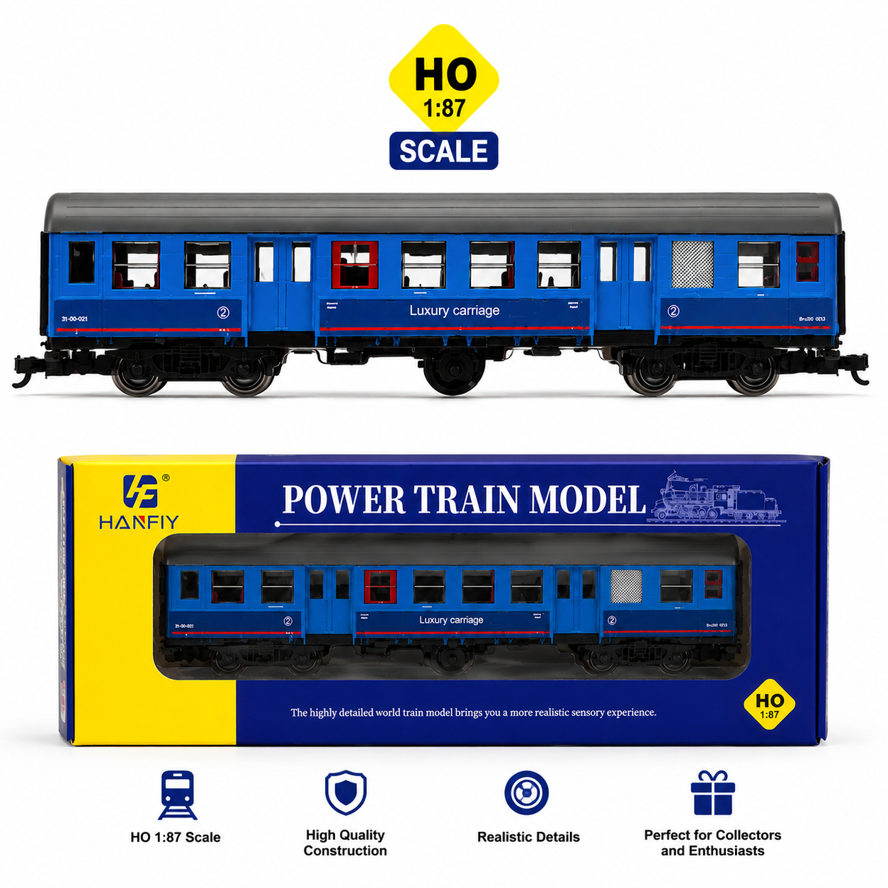 HANFIY 98390 HO 1:87 Scale Blue Luxury Passenger Carriage | Detailed Model Railway Coach for Train Layouts & Collectors