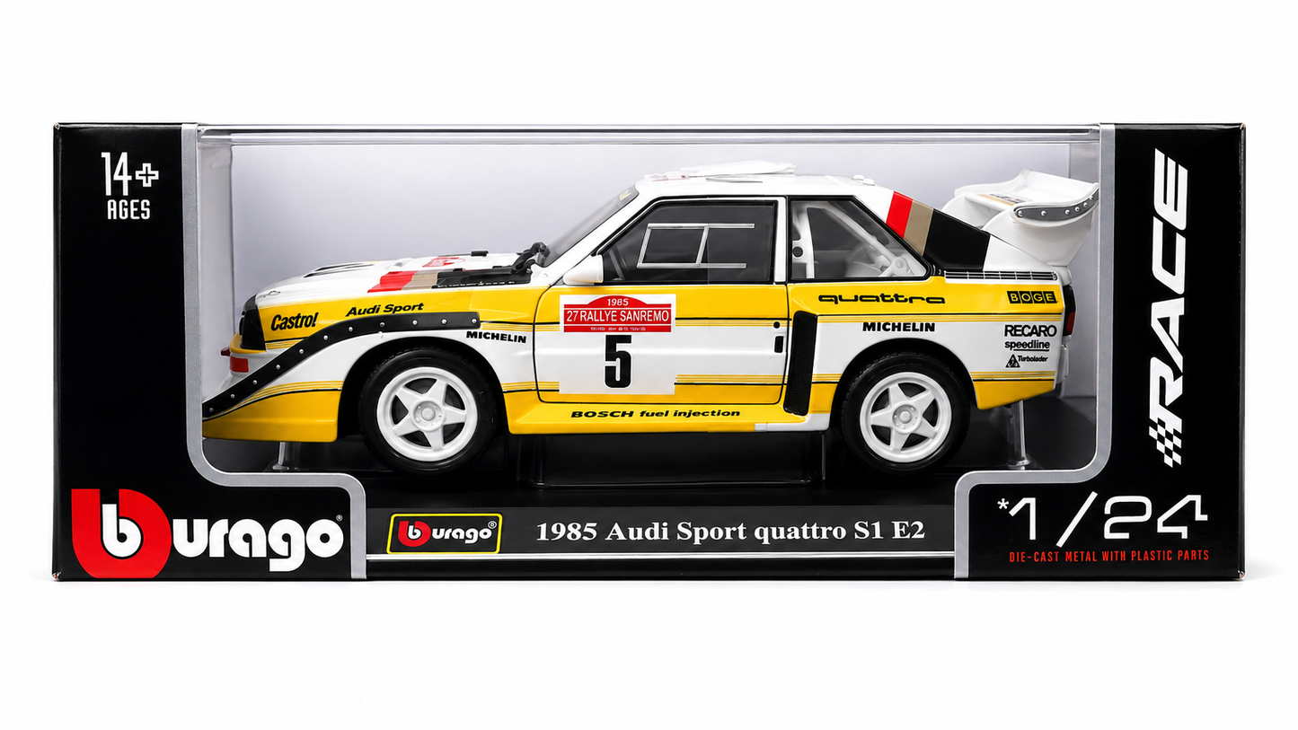 Bburago 1:24 Scale 1985 Audi Sport Quattro S1 E2 #5 Rally Car | Collectible Die-Cast Model for Adults