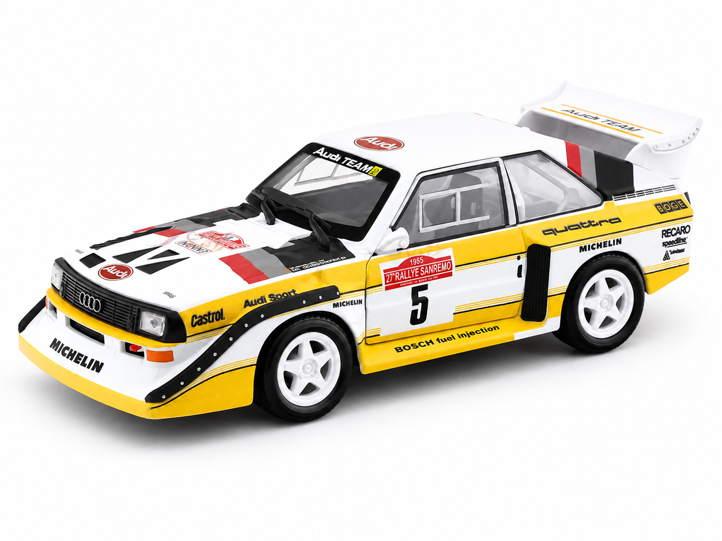 Bburago 1:24 Scale 1985 Audi Sport Quattro S1 E2 #5 Rally Car | Collectible Die-Cast Model for Adults