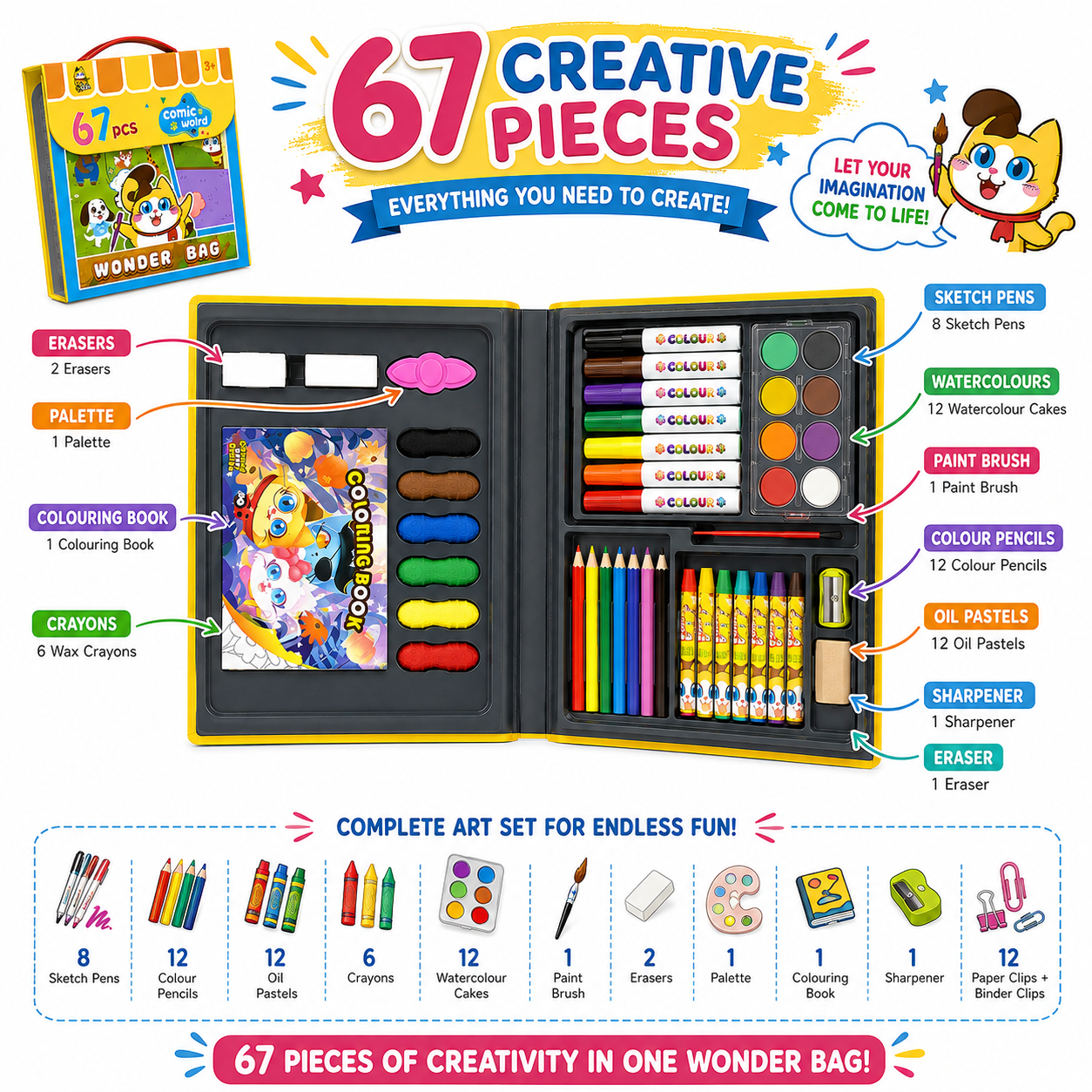 Comic World 67 PCS Kids Drawing & Coloring Set