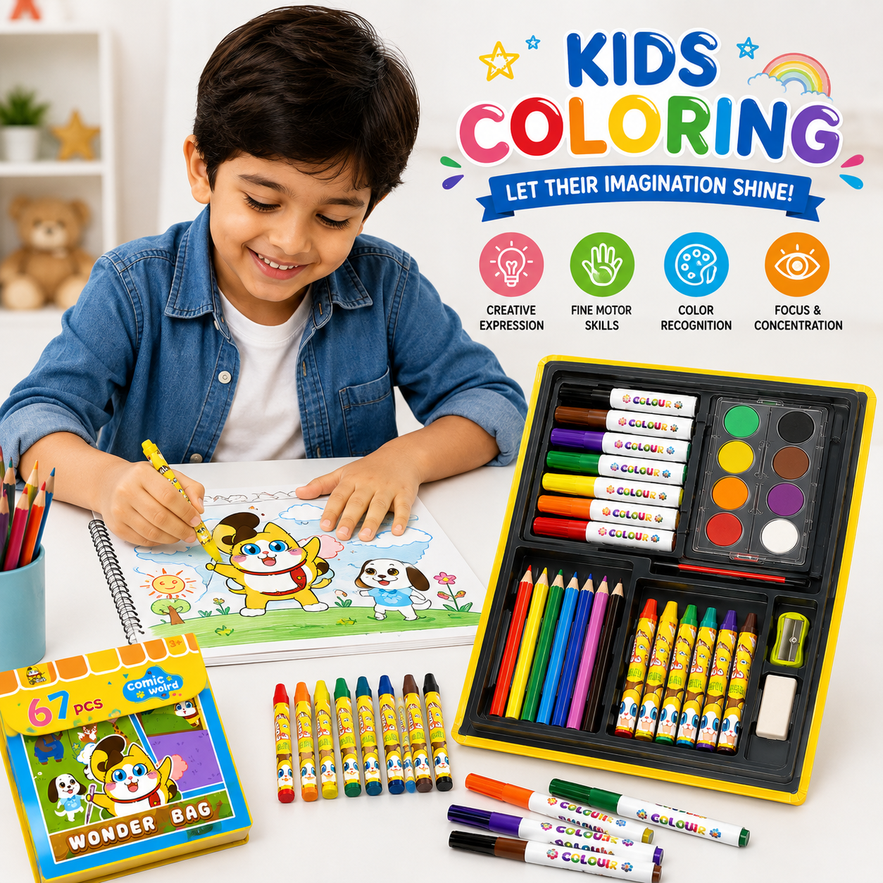 Comic World 67 PCS Kids Drawing & Coloring Set