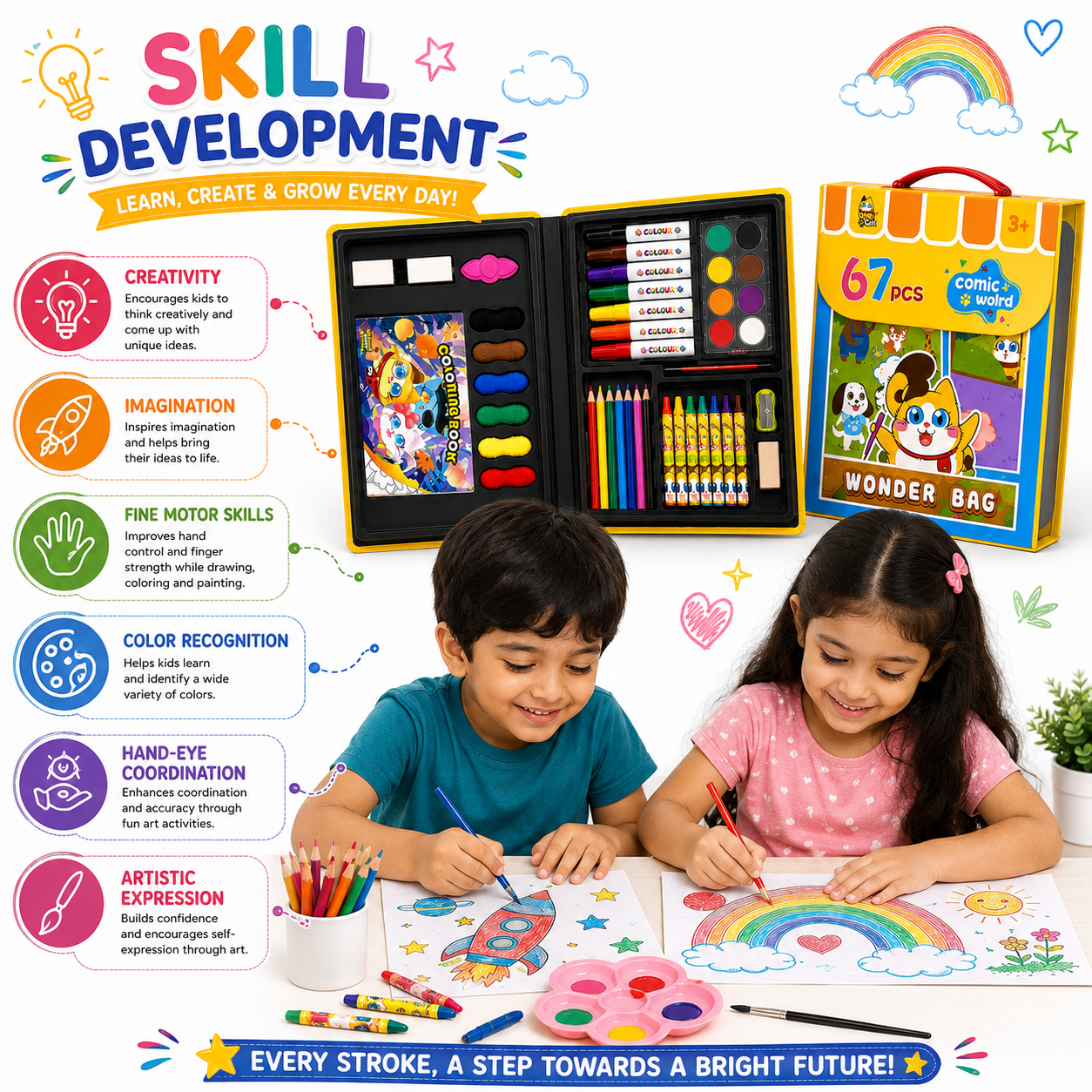 Comic World 67 PCS Kids Drawing & Coloring Set