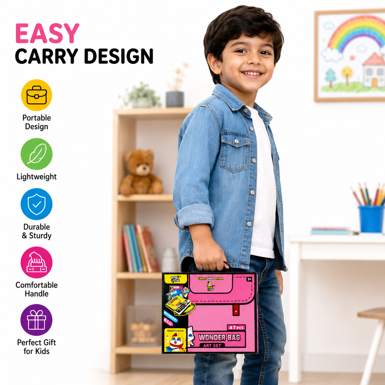 Wonder Bag 47-Piece Kids Art Set with Carry Case | Drawing & Coloring Kit - Pink