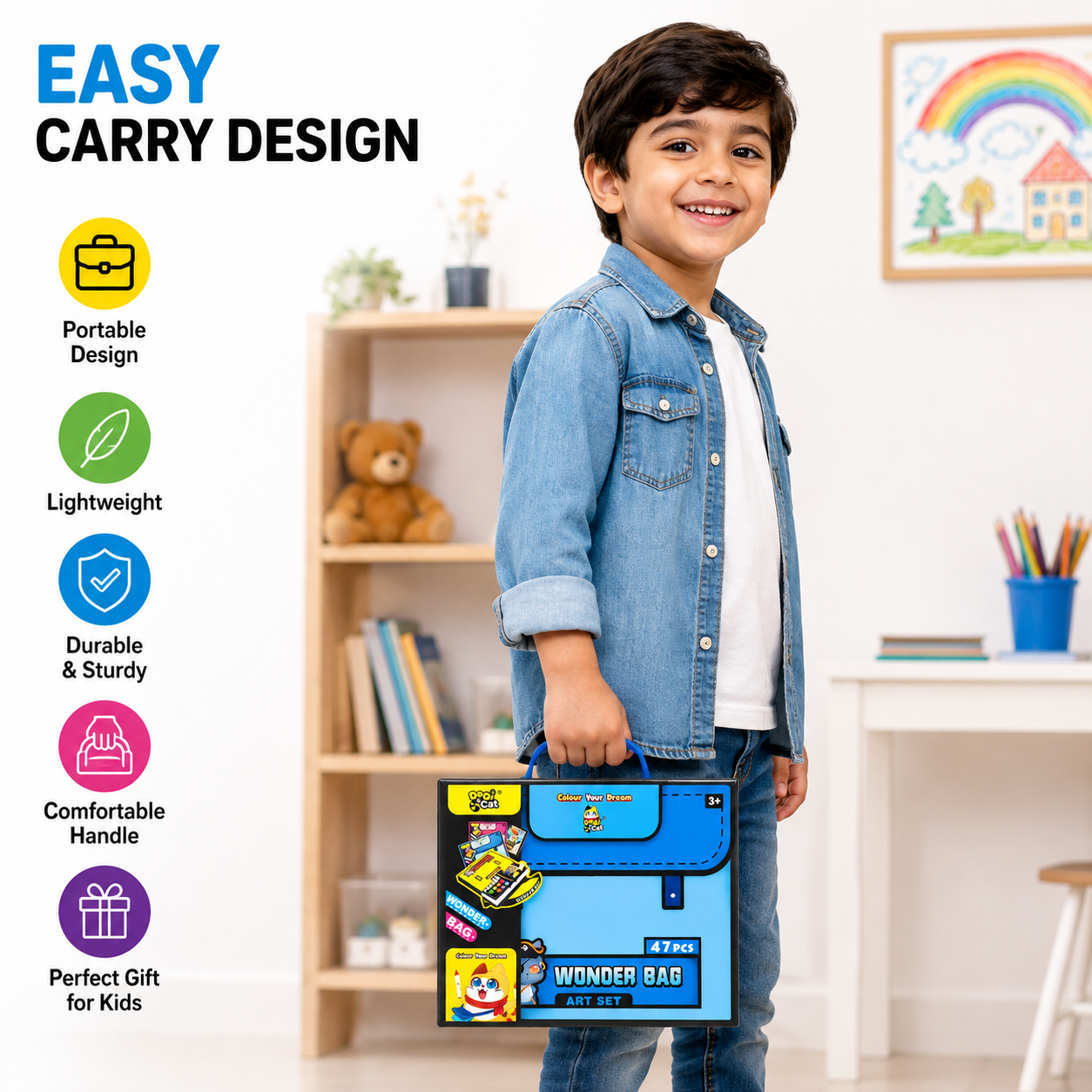 Wonder Bag 47-Piece Kids Art Set with Carry Case | Drawing & Coloring Kit - Blue