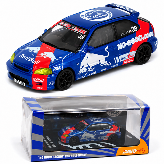 INNO64 Honda Civic Type R (EK9) No Good Racing Red Bull Livery 1:64 Scale Die-Cast Model Car | Premium Metal JDM Collector Replica with Detailed Interior, Racing Graphics, Realistic Wheels, Acrylic Display Case & Collector Box | Blue/Red