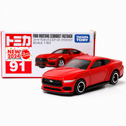 Takara Tomy Tomica No. 91 Ford Mustang EcoBoost Fastback 1:63 Scale Die-Cast Model Car | Premium Metal Collectible Miniature with Detailed Exterior, Rolling Wheels & Collector Box | Red