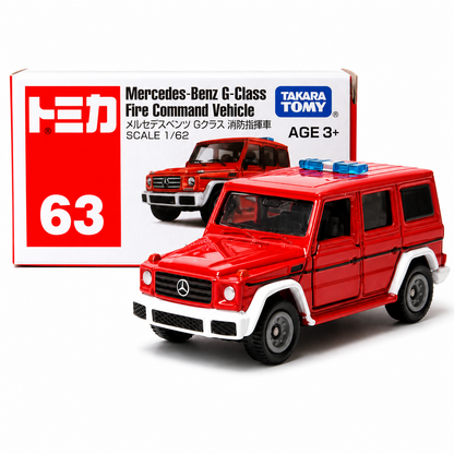 Takara Tomy Tomica No. 63 Mercedes-Benz G-Class Fire Command Vehicle 1:62 Scale Die-Cast Model Car | Premium Metal Collectible Emergency Rescue SUV with Detailed Exterior, Free-Rolling Wheels & Collector Box | Red