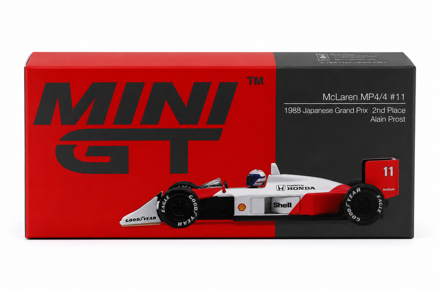 MINI GT 1:64 McLaren MP4/4 #11 Alain Prost 1988 Japanese Grand Prix 2nd Place F1 Die-Cast Model Car