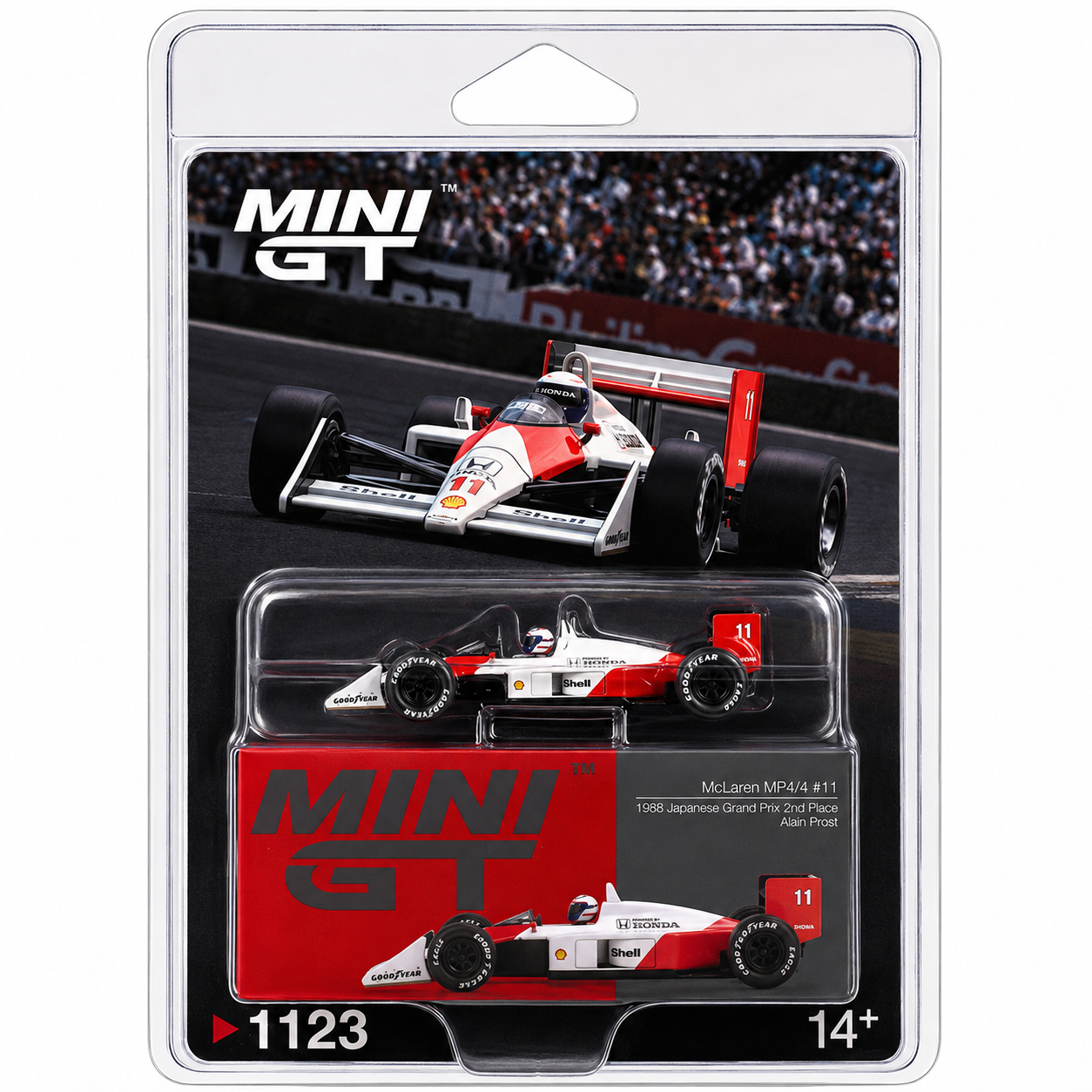 MINI GT 1:64 (Blister Pack) McLaren MP4/4 #11 Alain Prost 1988 Japanese Grand Prix 2nd Place Die-Cast F1 Model Car #1123