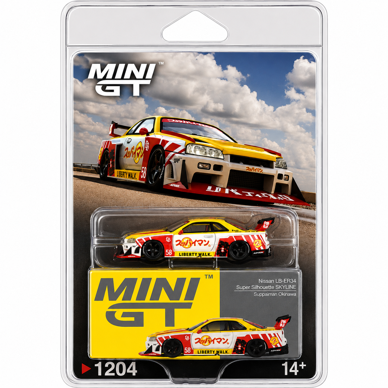 MINI GT 1:64  (Blister Pack) Nissan LB-ER34 Super Silhouette Skyline Suppaiman Okinawa #1204 Die-Cast Model Car