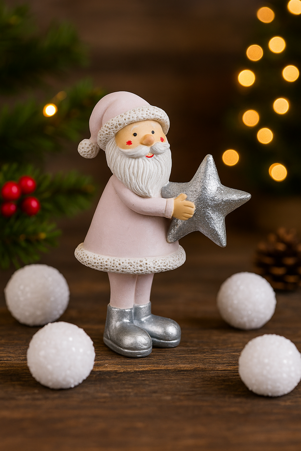 Pink Santa Claus Figurines with Star & Christmas Tree | Cute Christmas Table Décor (As Per Availability)