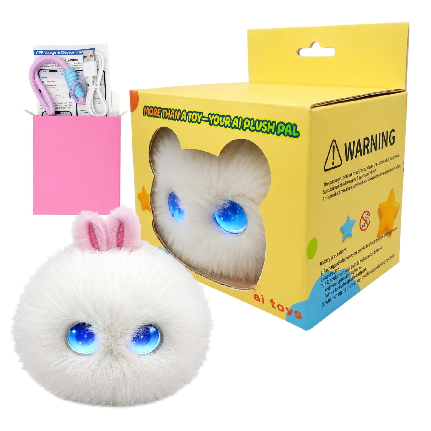AI Dazi Interactive AI Plush White Bunny | Smart AI Table Companion with Animated LED Display Eyes | Rechargeable Talking Plush Toy for Kids & Adults