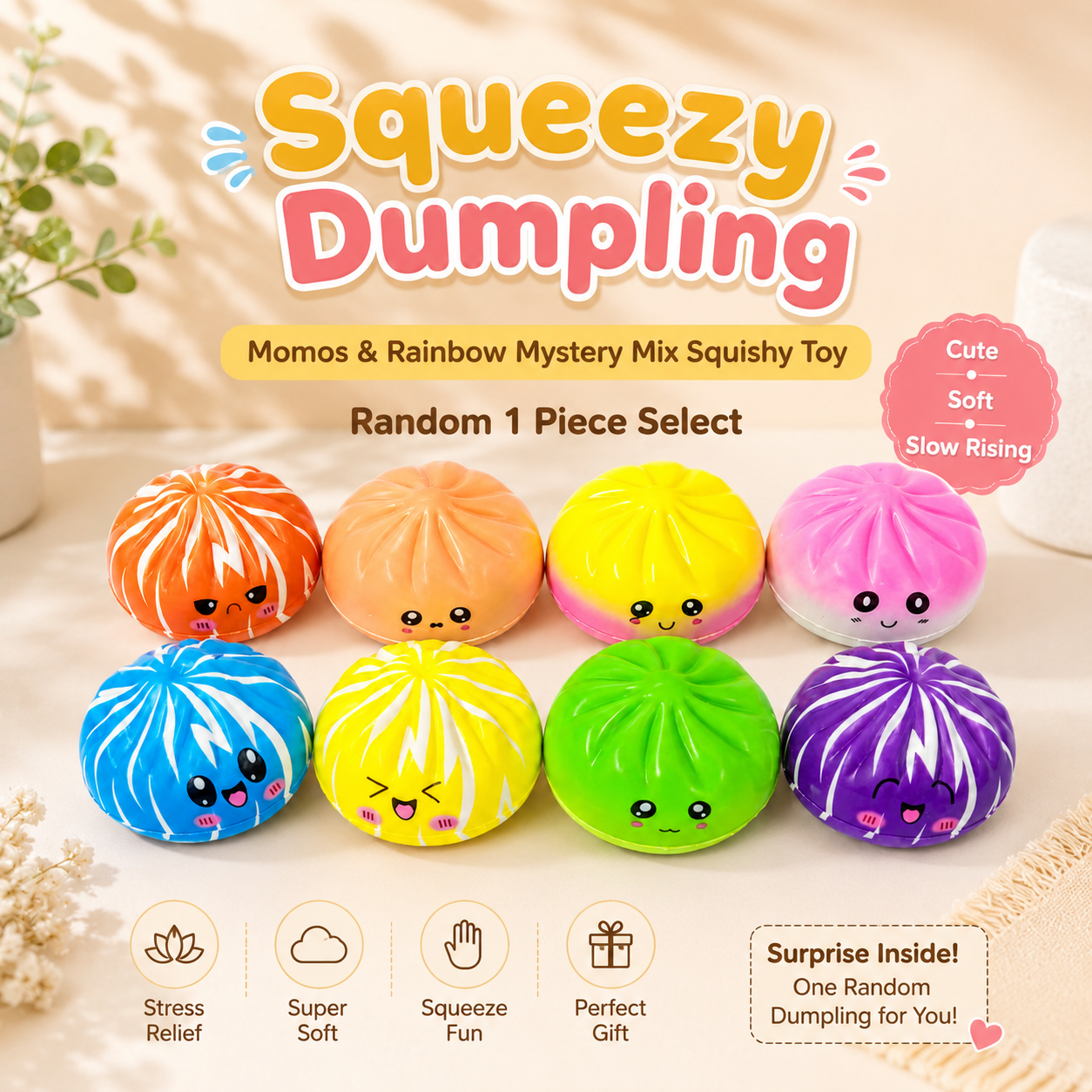 Squeezy Dumpling Momos & Rainbow Mystery Mix Squishy Toy | Slow Rising Stress Relief Squeeze Toy | Cute Collectible Surprise Design | Random 1 Piece Sent