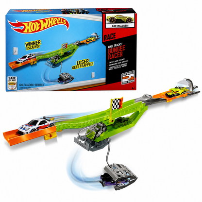 Hot Wheels Wall Tracks Bungee Racer Track Set with 1 Die-Cast Car | Wall-Mounted 2-Lane Racing Track | Swinging Trap Action | Connects to Wall Tracks System | Ages 4+