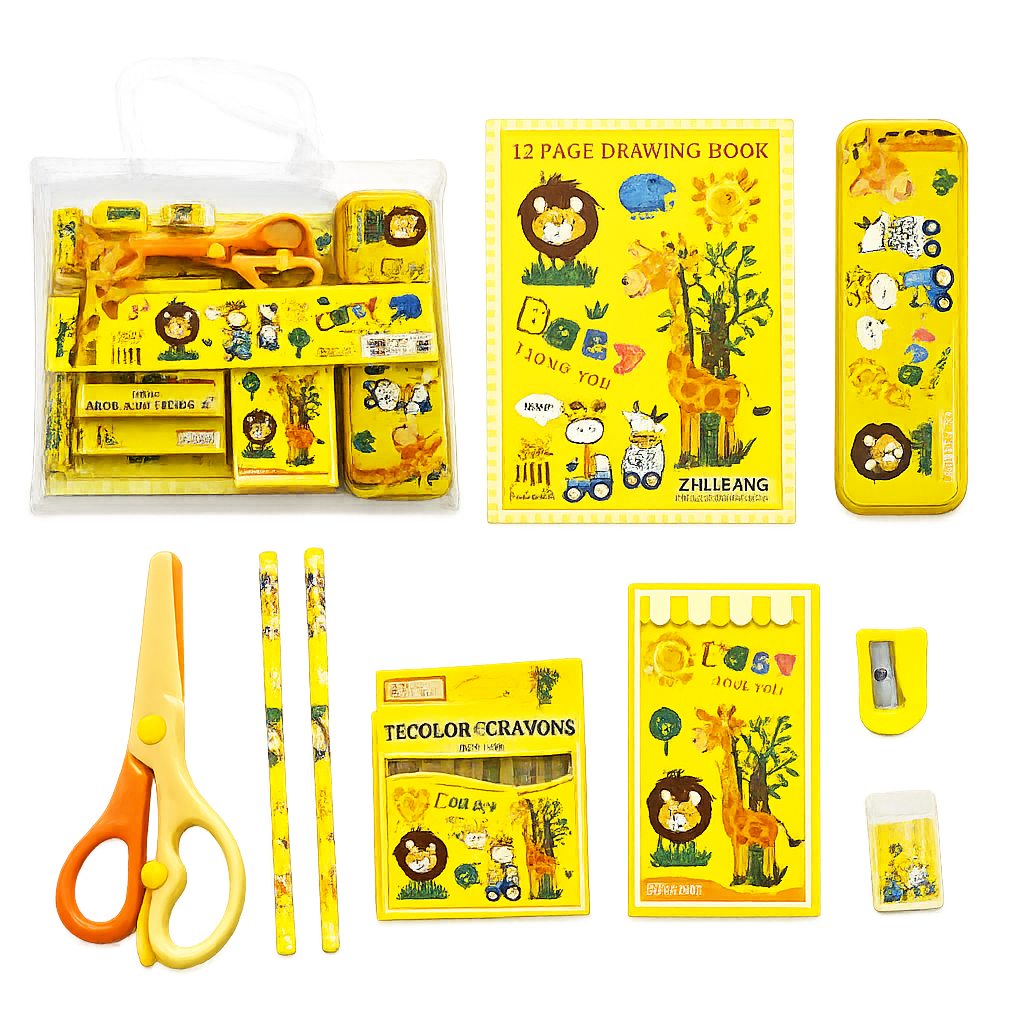 Kids Stationery Gift Set with Drawing Book, Pencil Case, Crayons, Scissors & Writing Supplies | School Essentials Kit for Boys & Girls | Portable PVC Carry Bag | Animal Theme