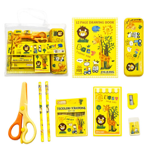 Kids Stationery Gift Set with Drawing Book, Pencil Case, Crayons, Scissors & Writing Supplies | School Essentials Kit for Boys & Girls | Portable PVC Carry Bag | Animal Theme