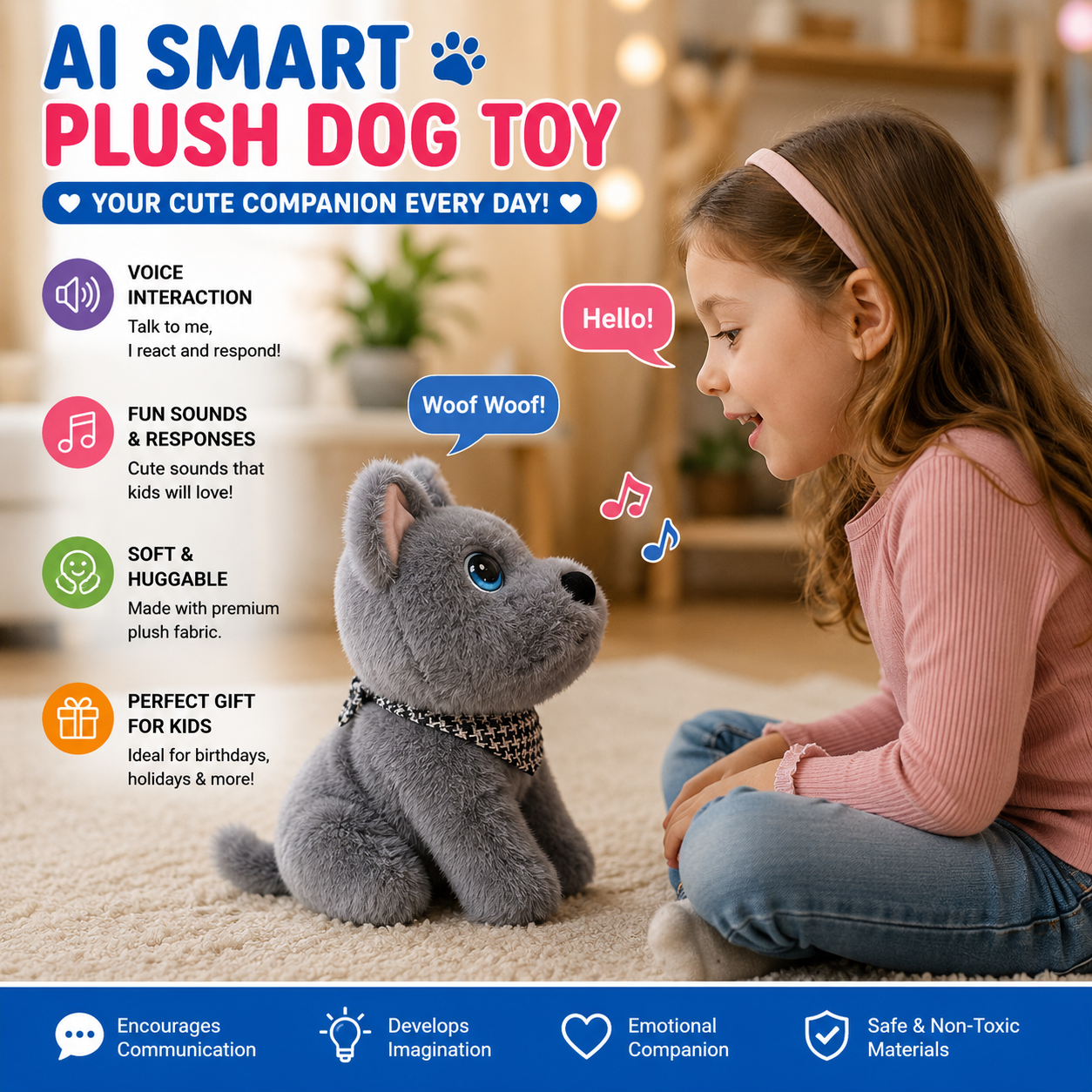 Breatoi! AI Smart Interactive Plush Dog Toy with Voice Interaction, Soft Stuffed Puppy Companion, Talking & Sound Responsive Plush Animal for Kids | Gift for Boys & Girls 3+ Years - Grey