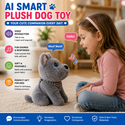Breatoi! AI Smart Interactive Plush Dog Toy with Voice Interaction, Soft Stuffed Puppy Companion, Talking & Sound Responsive Plush Animal for Kids | Gift for Boys & Girls 3+ Years - Grey