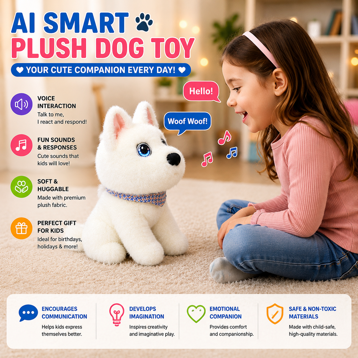 Breatoi! AI Smart Interactive Plush Dog Toy with Voice Interaction, Soft Stuffed Puppy Companion, Talking & Sound Responsive Plush Animal for Kids | Gift for Boys & Girls 3+ Years - White