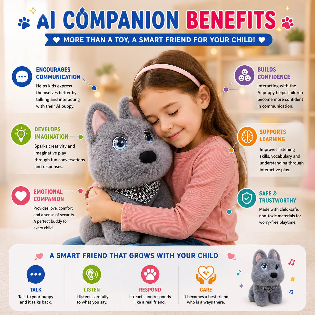 Breatoi! AI Smart Interactive Plush Dog Toy with Voice Interaction, Soft Stuffed Puppy Companion, Talking & Sound Responsive Plush Animal for Kids | Gift for Boys & Girls 3+ Years - Grey