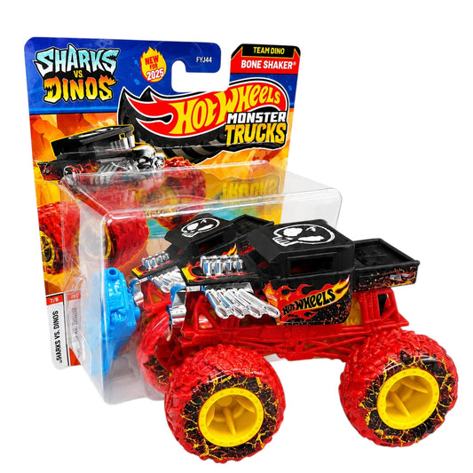 (Box Damaged) Hot Wheels Monster Trucks Bone Shaker – Sharks vs Dinos Series | Die-Cast Monster Truck with Crushable Car | Mattel Collectible Toy (FYJ44)